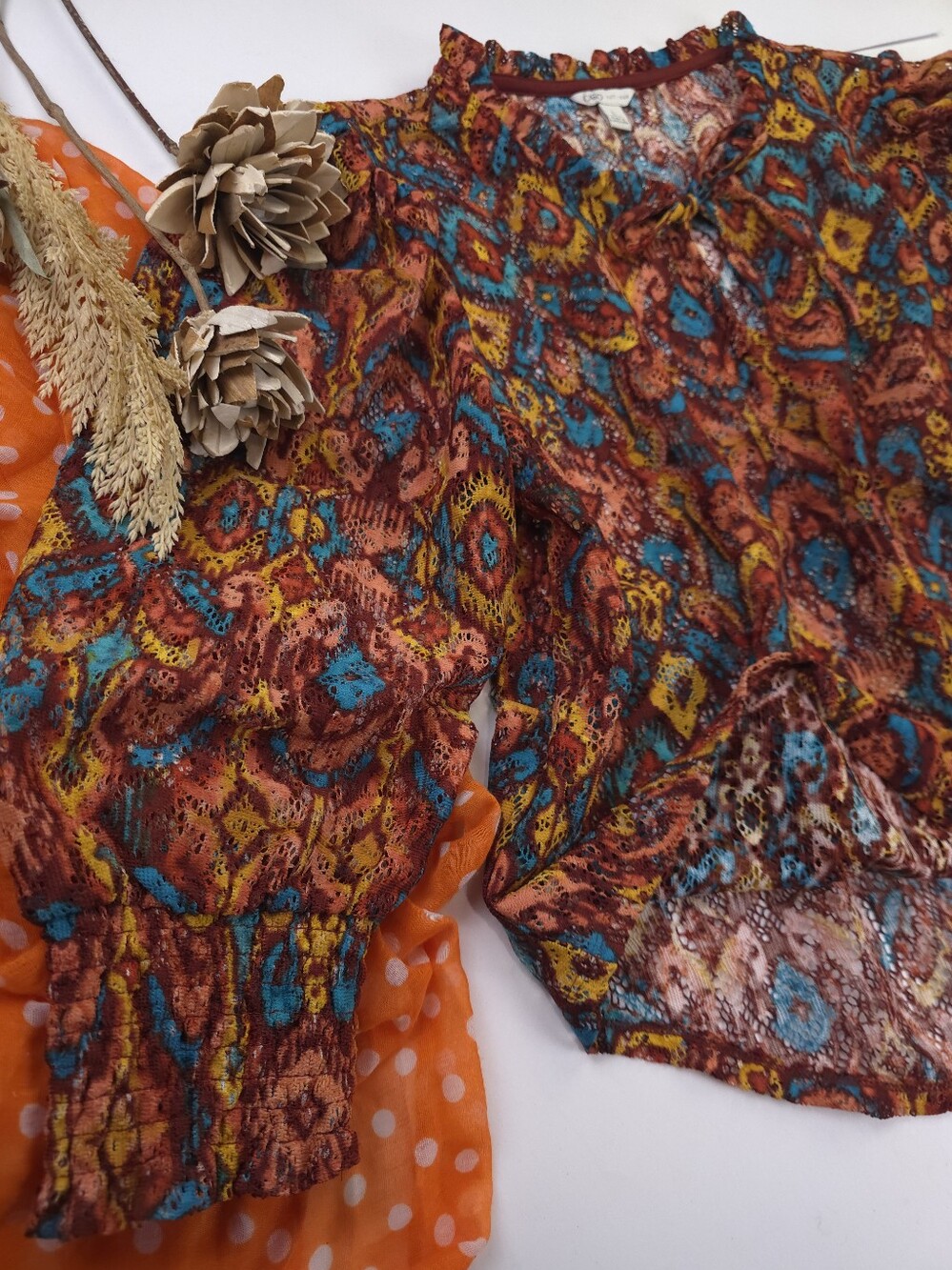 Cato Boho Printed Sheer Blouse in Rust Multicolor Sz L - Picture 2 of 11